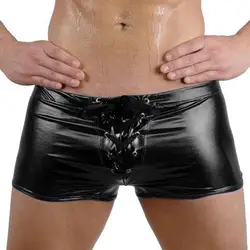 Sexy Men Nightclub Leather Shorts Men Lace Up Patent Low Waist Stretch Push Up Leather Boxers Sexy Slim Shorts Male Underwear