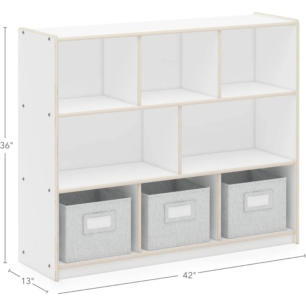 Three Shelf Compartment Storage White with 3 Fabric Bins: Wooden Bookshelf and Toy Organizer for Kids, Storage Unit for