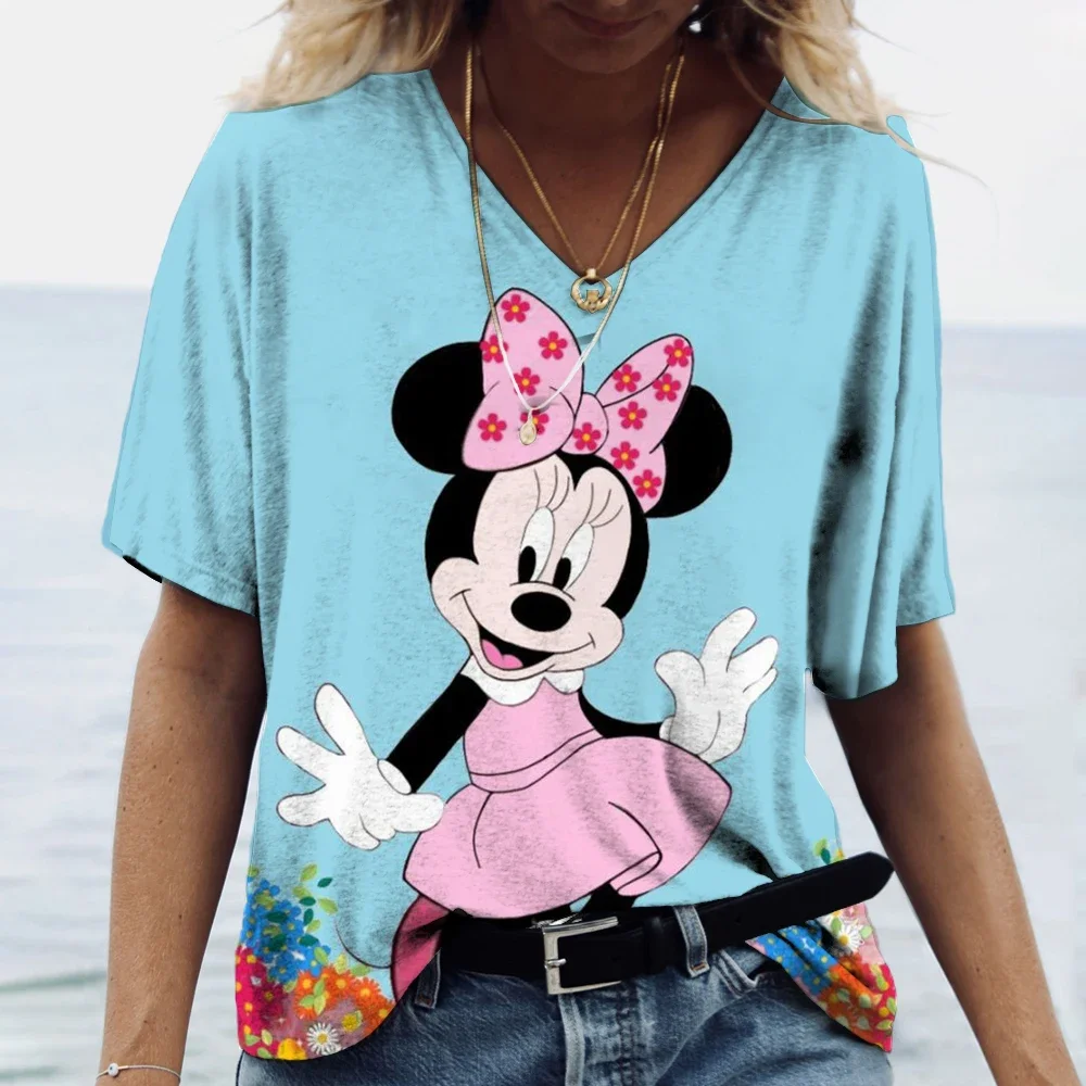 نمط جديد المرأة الصيف ديزني ميكي ماوس طباعة تي شيرت Y2k بلايز للسيدات الخامس الرقبة قصيرة الأكمام البلوز الشارع الشهير تي شيرت