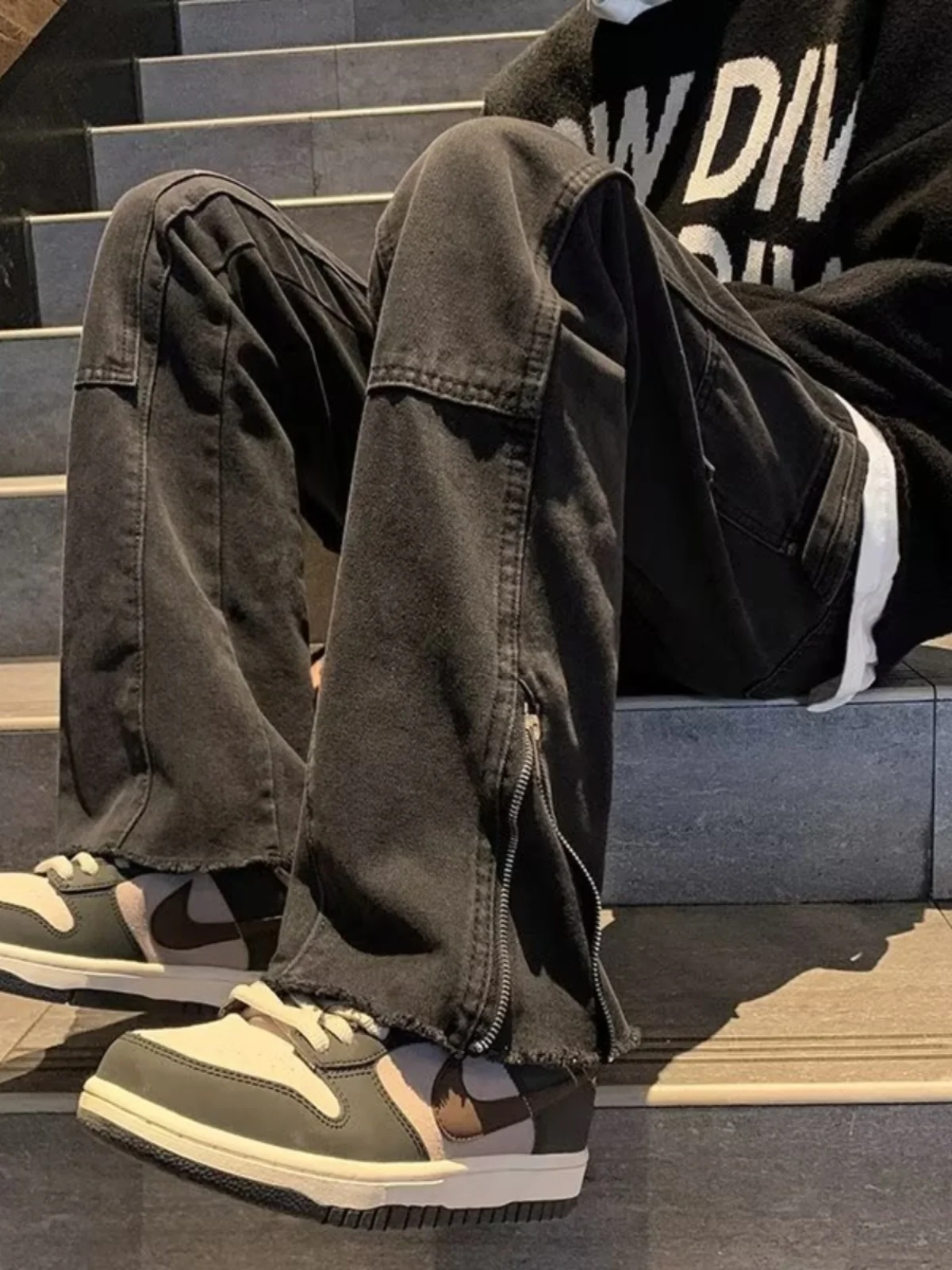 

Мужские рабочие джинсы American High Street Sle, весенне-осенние, свободного прямого кроя, с молнией, с эффектом потертости, широкие, длинные брюки