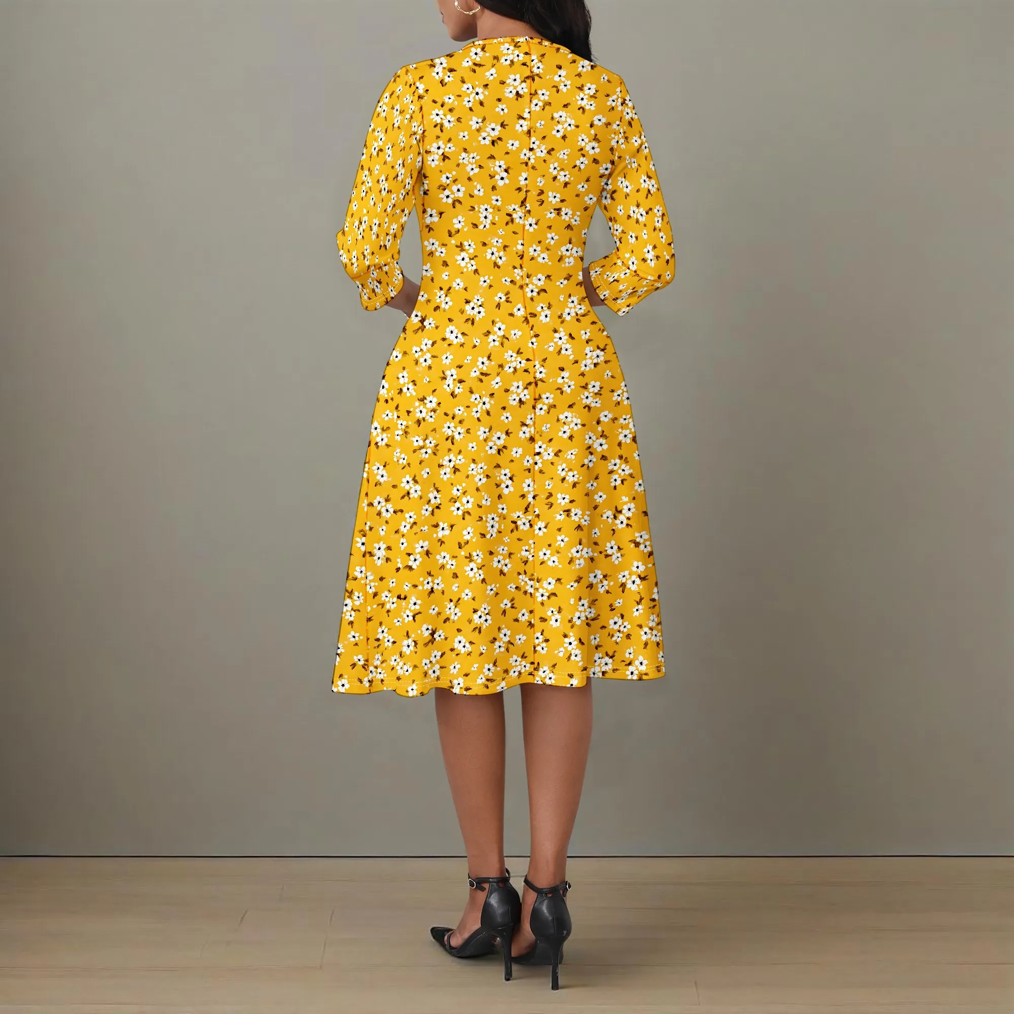 Ladies' Casual Floral Dress, A-line and Flared Skirt, 3/4 Sleeve Cocktail Party Church Dress