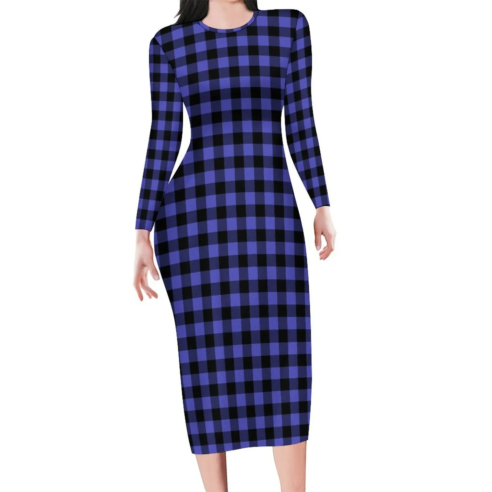 Retro Gingham Dress Women Black And Purple Aesthetic Bodycon Dress Summer Long Sleeve Elegant Dresses Custom Oversized Vestidos