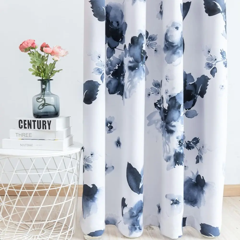 108 Inch Thermal Insulated Blue & White Floral Curtains, 2 Pack, Grommet Top for Living Room, Dorm, Farmhouse Style
