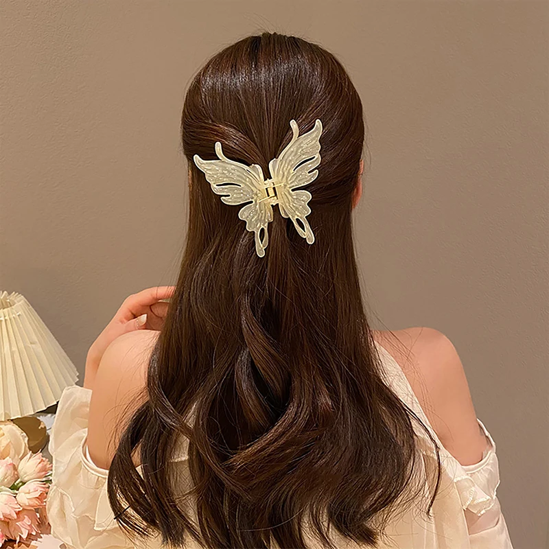 Pinza de pelo de mariposa transparente de acrílico grande para mujer y niña, horquilla para la Cabeza trasera, agarres elegantes, Clip de tiburón,