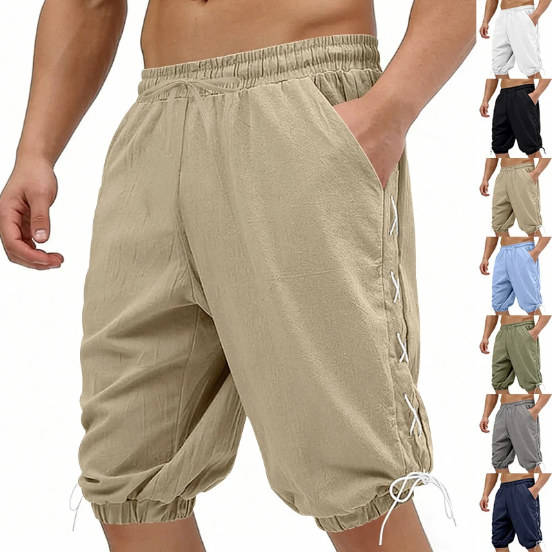 European American men's Viking lace-up shorts, medieval retro style, Hawaii casual trendy wear