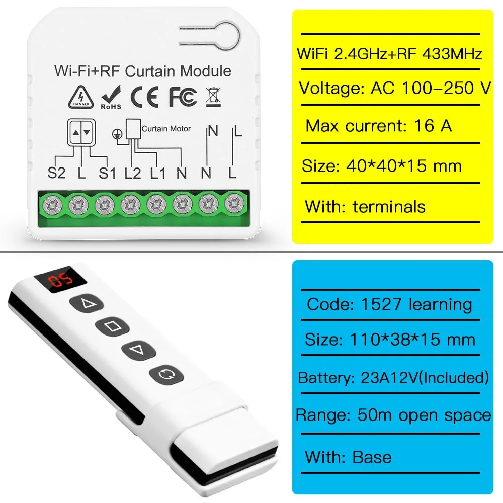 Tedeligo Tuya WiFi RF Smart Curtain Switch,110V 220V Roller Shutter Blinds Control Module with Wireless Remote,work with Alexa