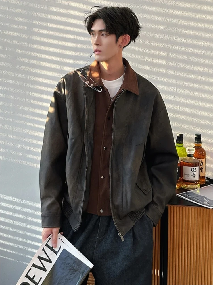 

Autumn Winter New Sle Retro Money Wind Collar Fake Two-Piece Leather Jaet Men's High-End Fce Lined American Trend