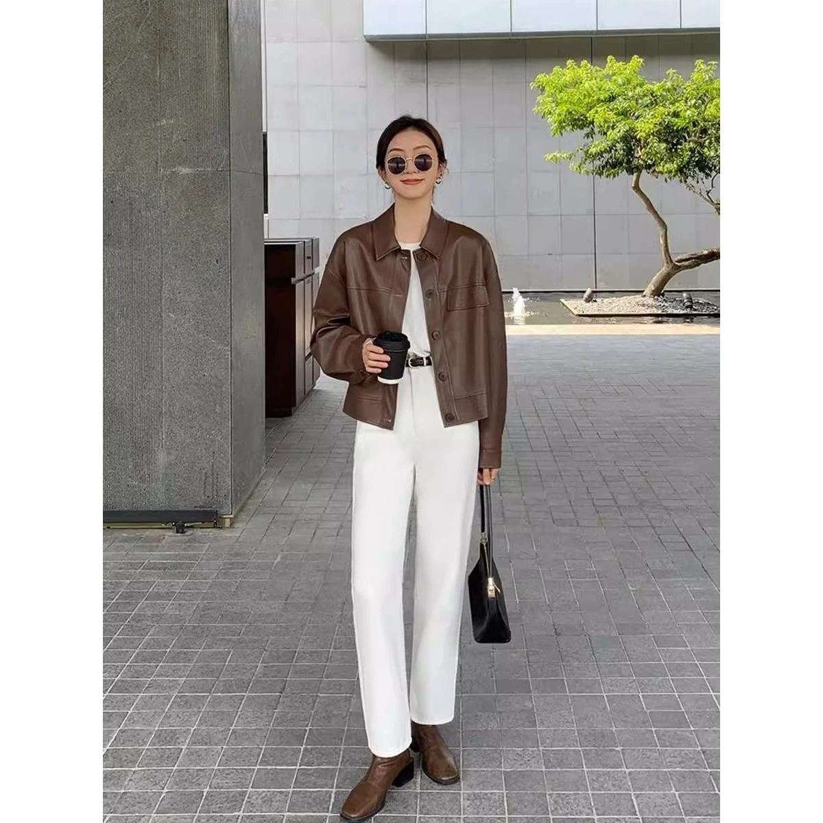 Women's Biker Style Loose Long Sleeve Leather Jacket Spring Autumn Korean Version Short Size Small High End Feeling Coat 3