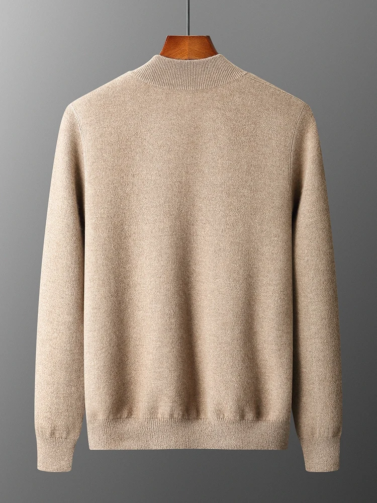 Autumn Winter Men 100% Merino Wool Stand up Collar Knit Cardigan Sweater Double-sided Thickening Zip-up Cashmere Sweat