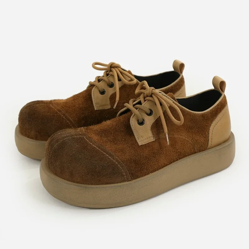 American Retro Distressed Top-layer Cowhide Leather Casual Shoes For Men Lightweight Soft Thick-sole Big Toe Derby Shoes