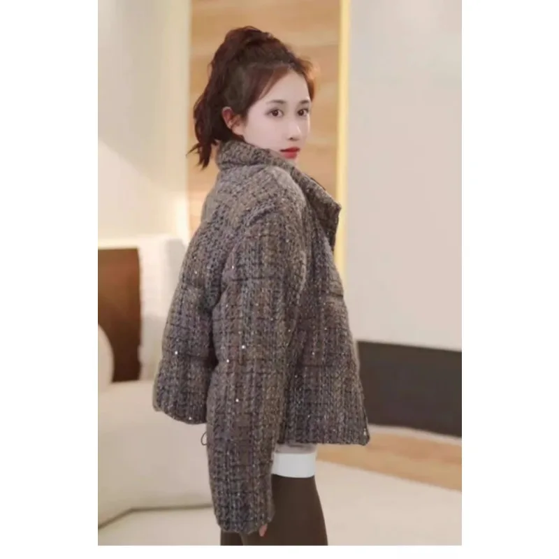 Xiaoxiangfeng-Tweed Down Jacket for Women, Short and Thick, Warm White Duck Down, Bread Jacket, Trendy, Winter