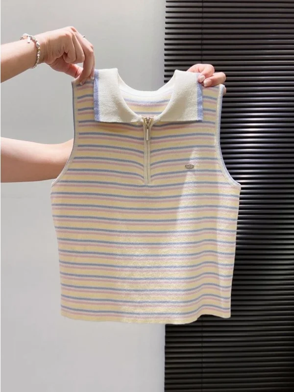 Chic Contrast Color Striped Knitted Sleeveless  Vest Zipper Closure Regular Fit Summer Outerwear for plus Size Women