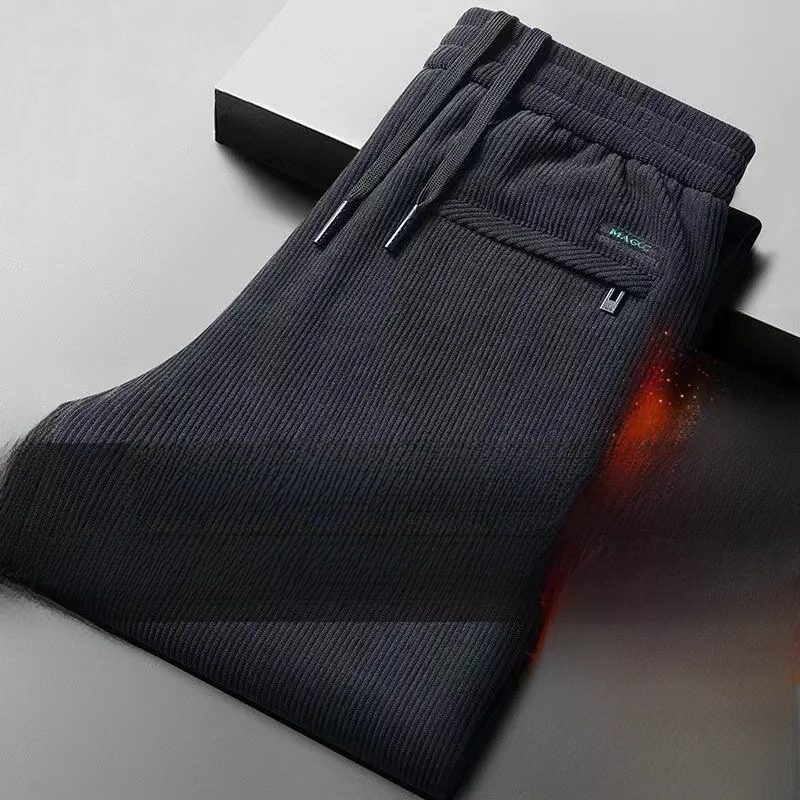 

Вельветовые мужские брюки свободного покроя, прямые длинные брюки с эластичной резинкой на талии, спортивные повседневные брюки, осень-зима, большой размер