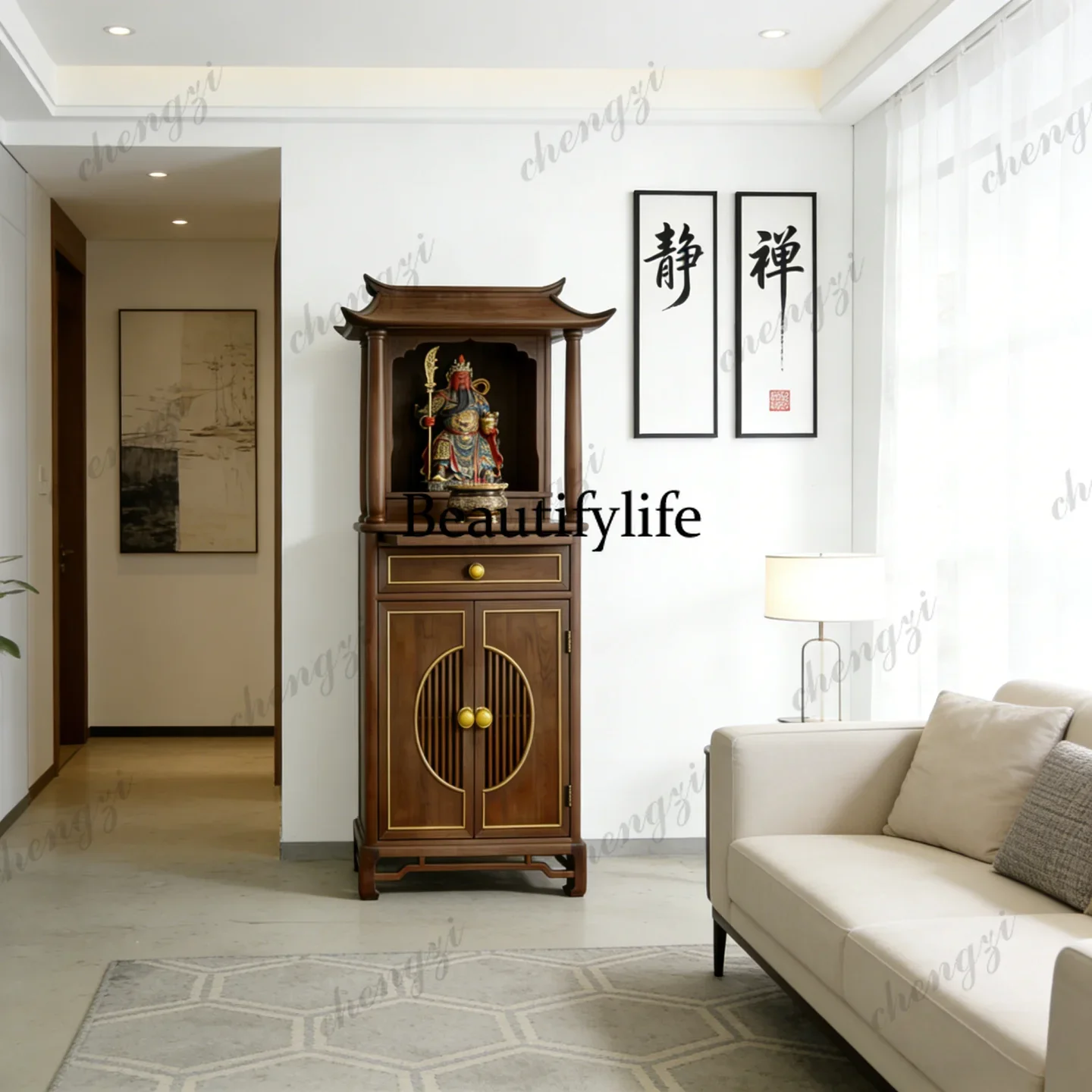 A68New Chinese-style solid wood offering Buddhist niche household living room Buddha statue Guan Gong statue offering cabinet