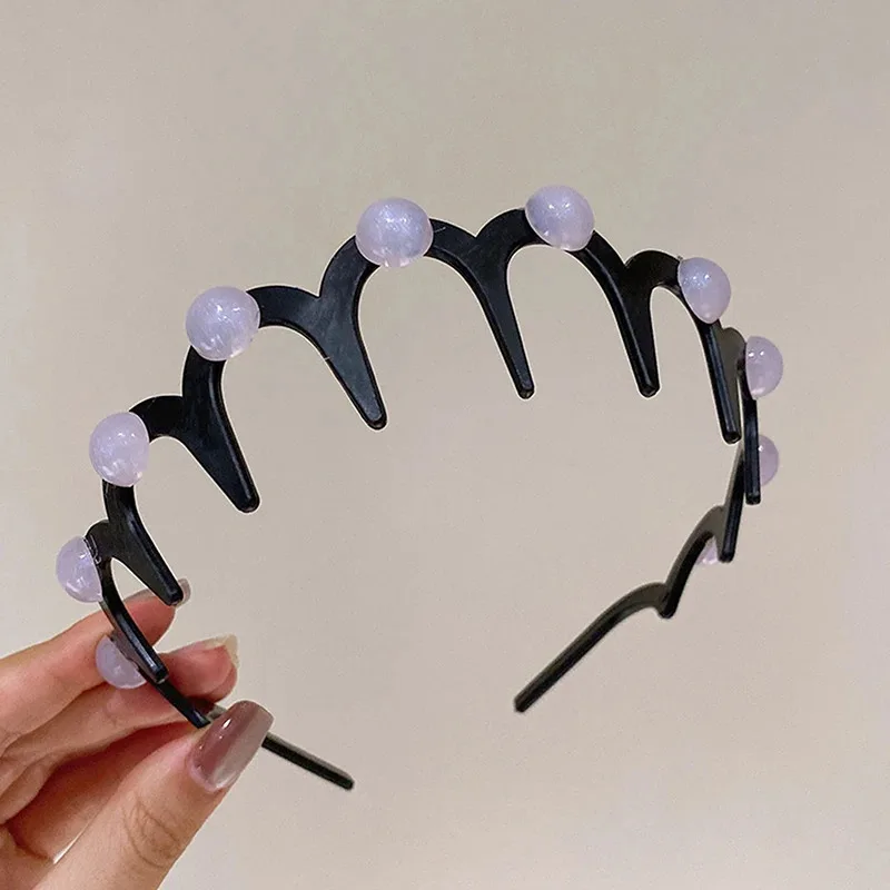 عصابات رأس موجة اللؤلؤ الموضة للنساء بلون صلب مع أسنان غير قابلة للانزلاق عصابات شعر لغسل الوجه للبنات عصابات رأس رياضية إكسسوارات شعر