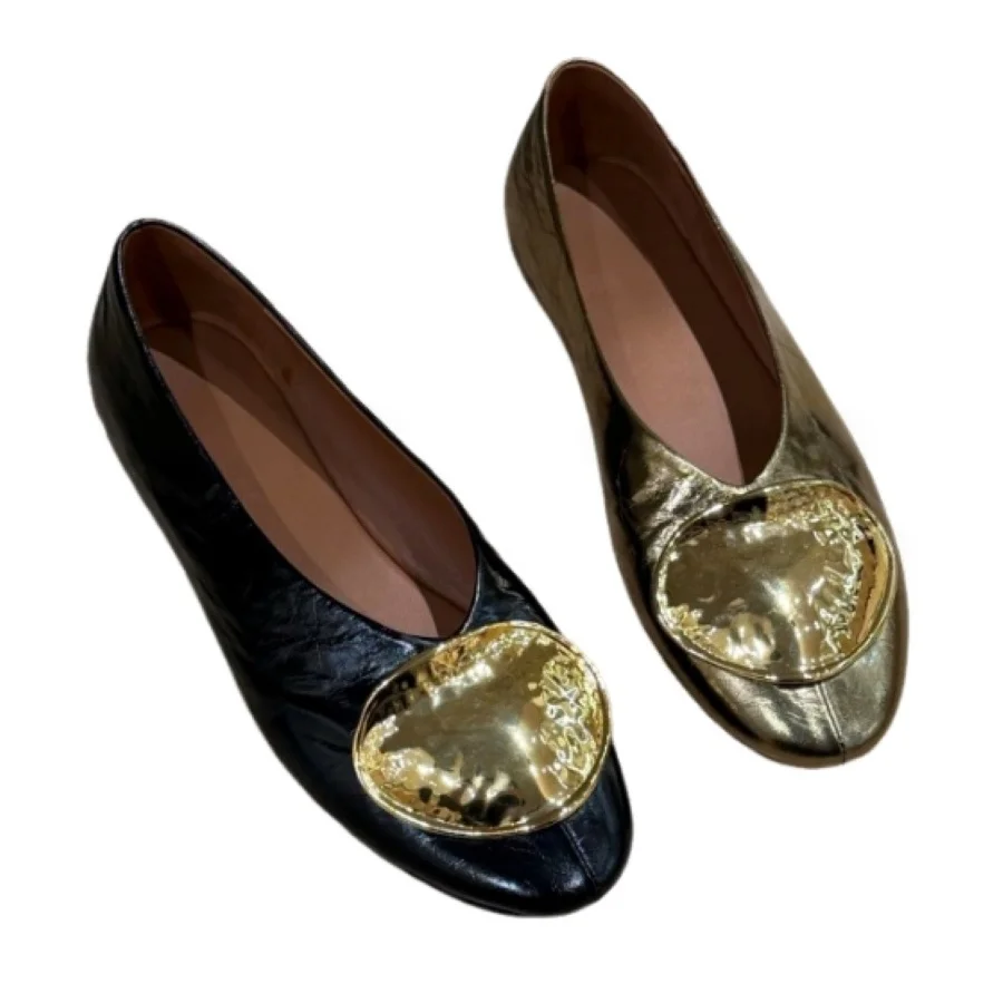 Women Metallic Gold Flat Shoes Heart Metal Decor Round Toe Slip On Ballet Flats Soft Casual Daily Party Ladies Footwear BH0801