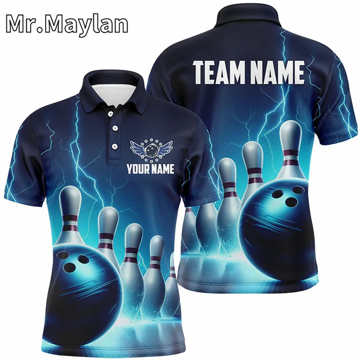 3D Blue Bowling Mens Polo Shirts Custom Bowling Ball Pins Black Bowling Team League Jerseys Gift for Bowling Lovers Unisex Tops