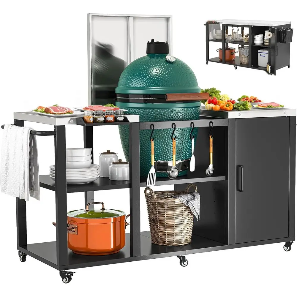

Grill Table with Removable StainlSteel Tabletop, Outdoor Kitchen Island with Spice Rack, Paper Towel Holder, and Trash Bag Holde