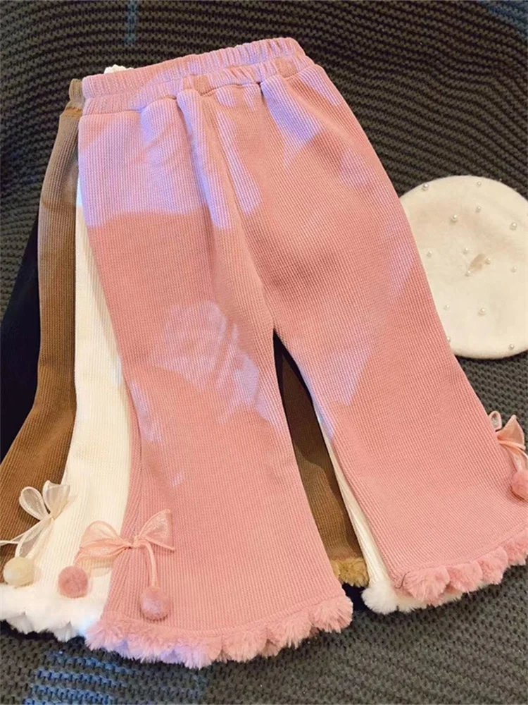 

Детские брюки с широкими штанинами и подкладкой, прямого кроя, с оборками, зимние, повседневные, в корейском стиле, для девочек