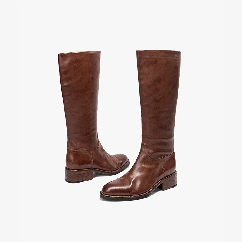 BEAUTODAY Genuine Leather Long Boots Women Horse Leather Riding Boot Round Toe Back Zip Ladies Knee High Shoes Handmade 01400 view 4
