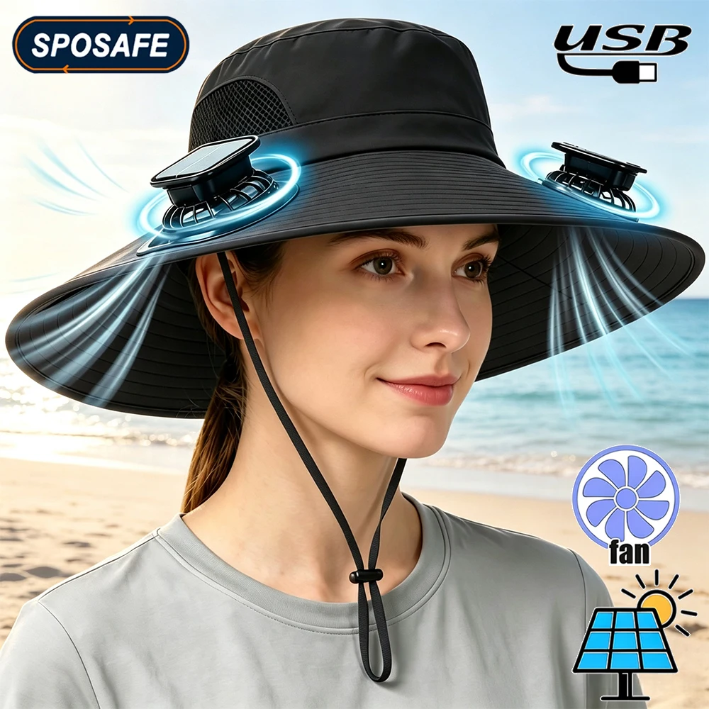 Outdoor Wide Brim Sun Hat with 2 Solar Fan Sun Bucket Hat for Men Women UPF 50+ Bucket Fishing & Beach Hat with Fan Built in