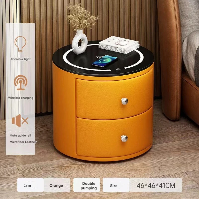 طاولة بجانب السرير فاخرة وذكية مع غلاف جلدي بثلاثة أدراج للتخزين ورف بجانب السرير للشحن اللاسلكي #6