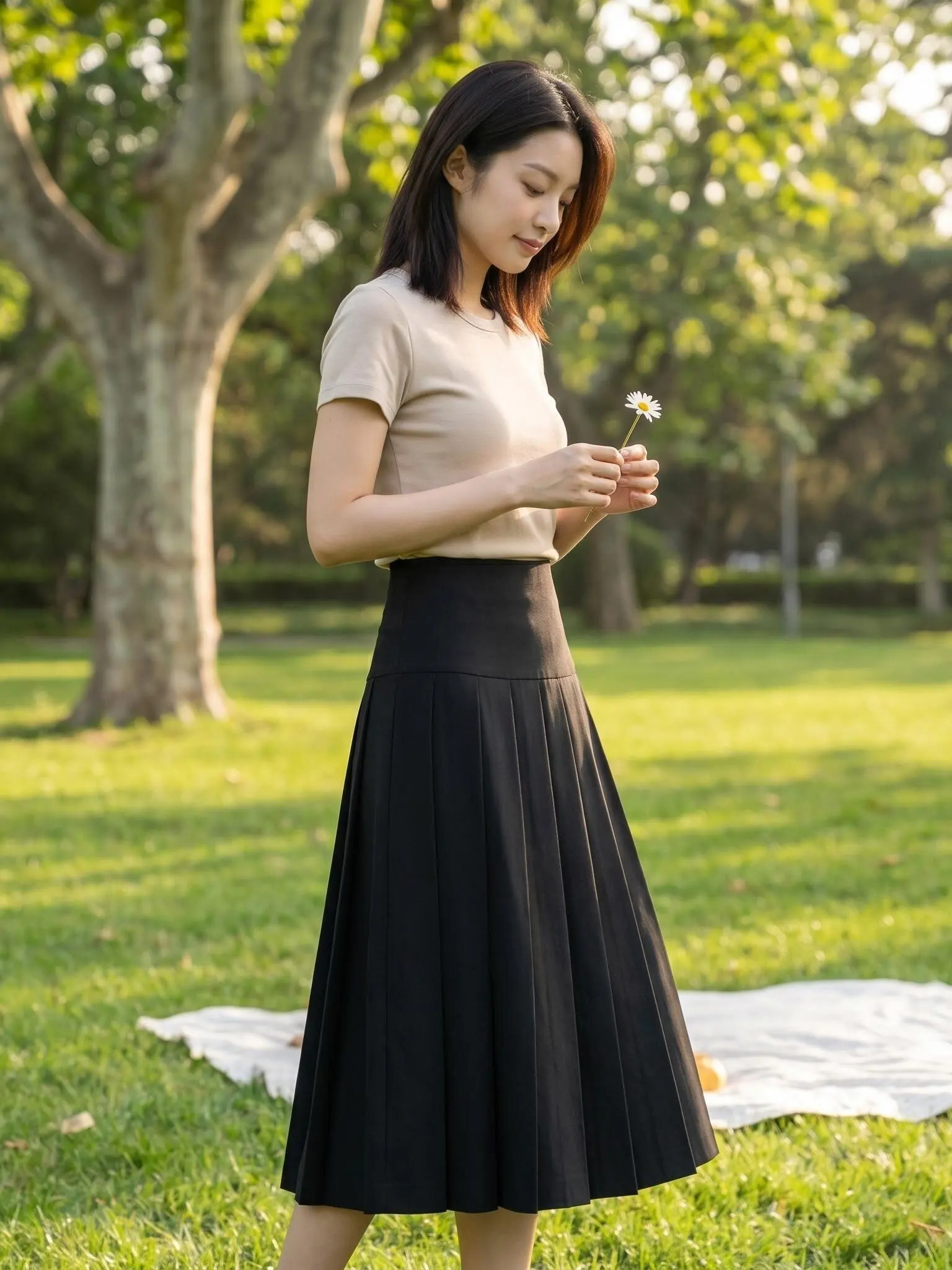 

Elegant Comfortable High Waist A-Line Pleated Skirt Korean Style City Commute Cotton Midi Skirt for Young Women