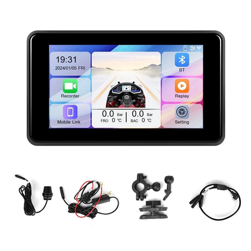 5 Inch Portable Motorcycle DVR Dash Cam Carplay Android Auto IP68 Waterproof Front Rear Camera Bluetooth