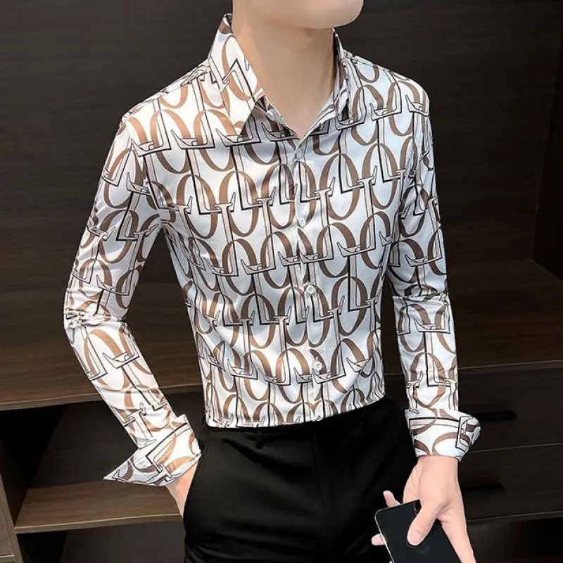 Men\'s Clothing Letter Printed Shirt Long-sleeved Slim-fit Handsome High-end Casual Printed Shirts