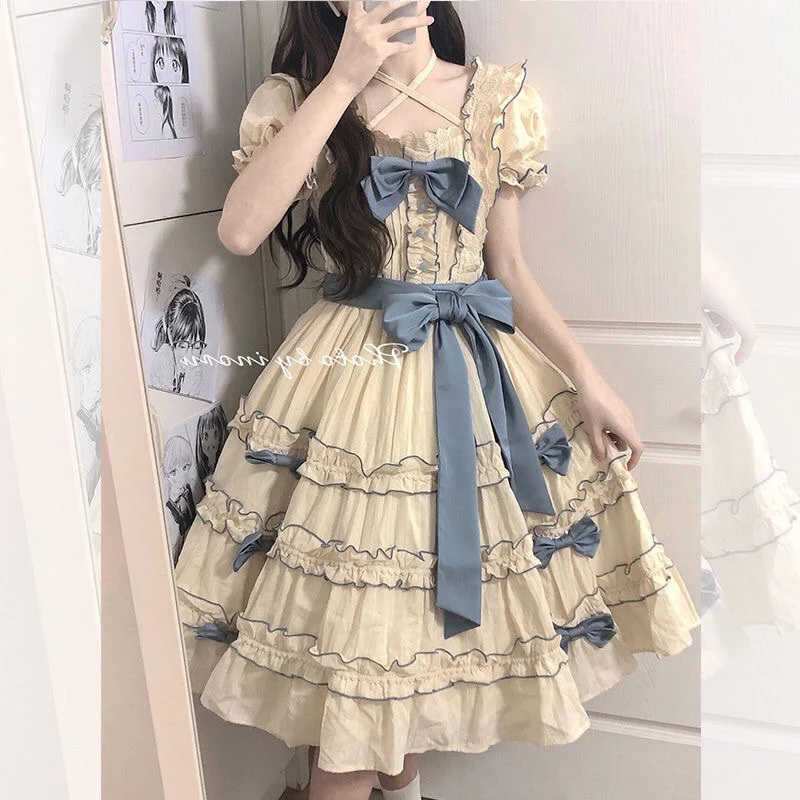 Lolita Elegant French Holiday Evening Princess Dresses Women Sweet Bow Lace Puff Short Sleeve Ruffled Pleated Dress Summer Dress