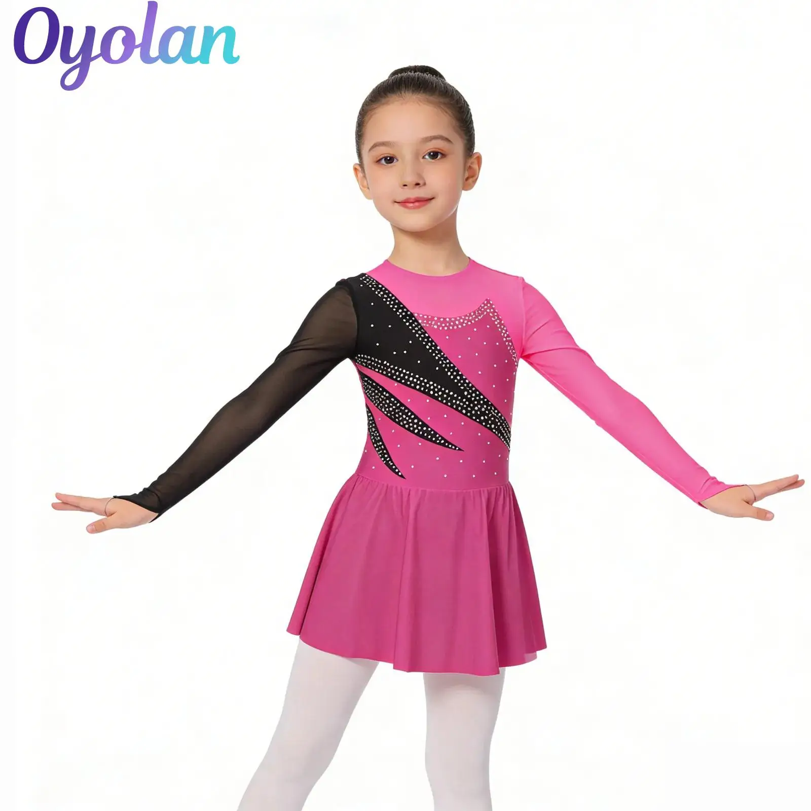 

Kids Girls Ballet Leotards Dance Dress Long Sleeve Round Neckline Rhinestone Hollow Back Gymnastics Figure Skating Dance Costume