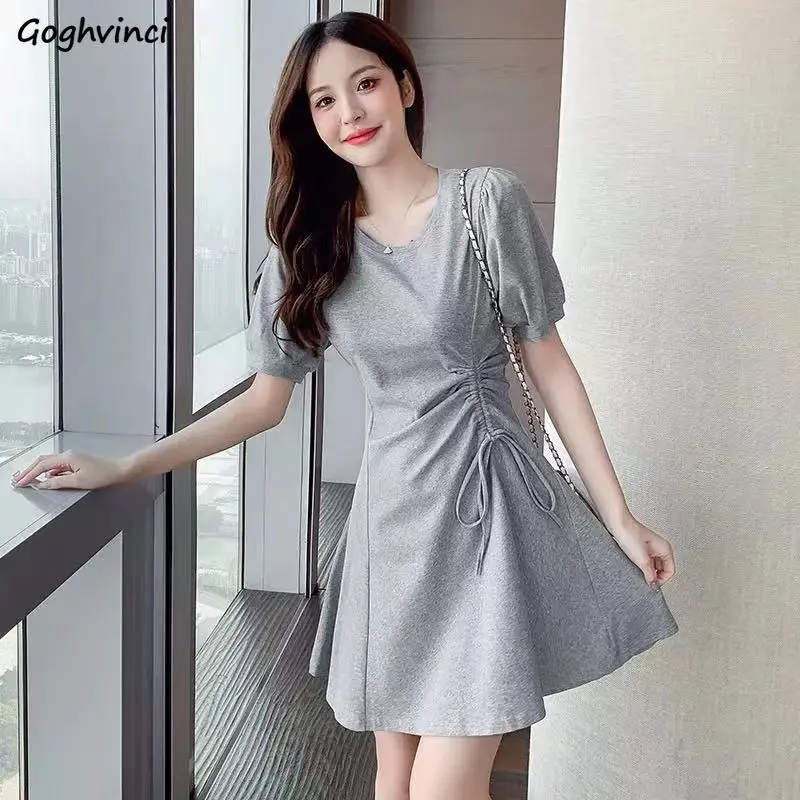 

Mini Dresses Women 6 Colors Shirring Mature A-line Summer Temper Korean Style All-match Simple Classic Females Chic Streetwear