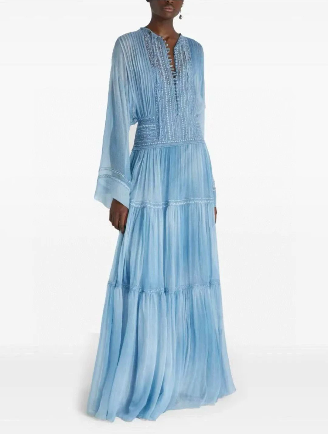 

Top Quality Silk Blue Dress Luxury Lace Embroidery Evening Dress Fashion Flare Sleeve Big Swing Long Dress