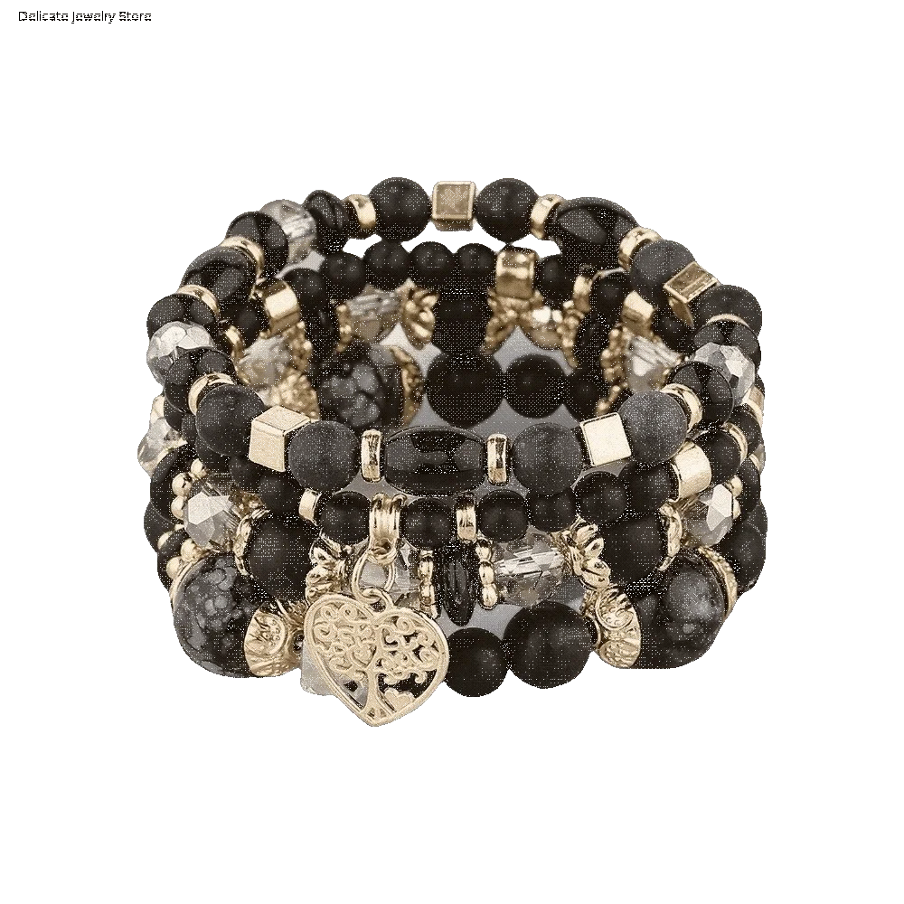 Elastic Crystal Bohemian Beads Bracelet Heart Charm Colorful Women Bangle Set Ethnic Style Multi-Layer Bracelets Daily