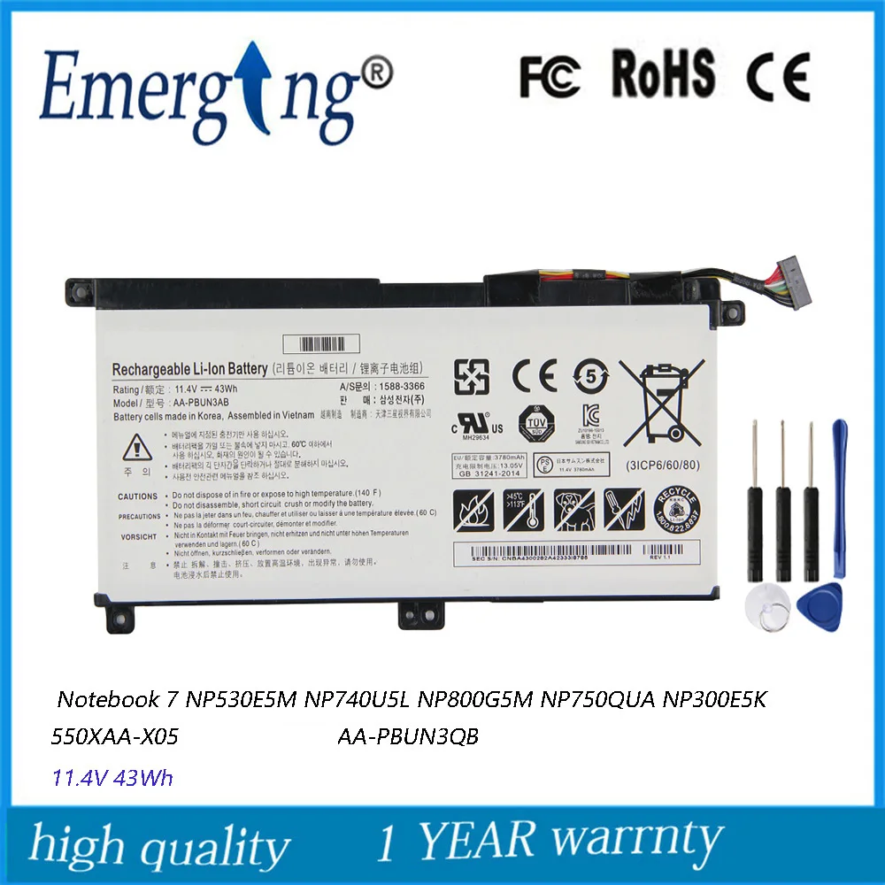 11.4V 43WH 3950mAh New AA-PBUN3AB AA-PBUN3QB Battery for Samsung Notebook 7 NP530E5M NP800G5M NP740U5L