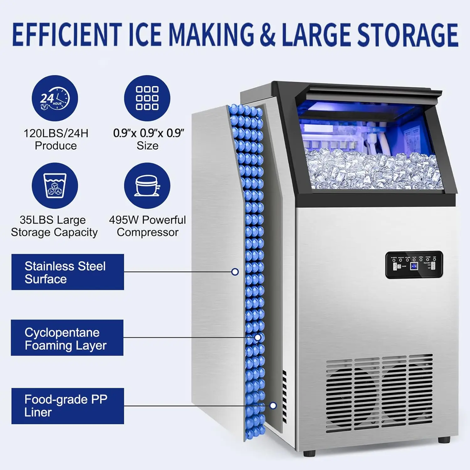 

Ice Maker,120Lbs/24H With 35Lbs Ice Capacity,, Stainless Steel Under Counter Freestanding Large, Inlet ModesIce Maker Machine