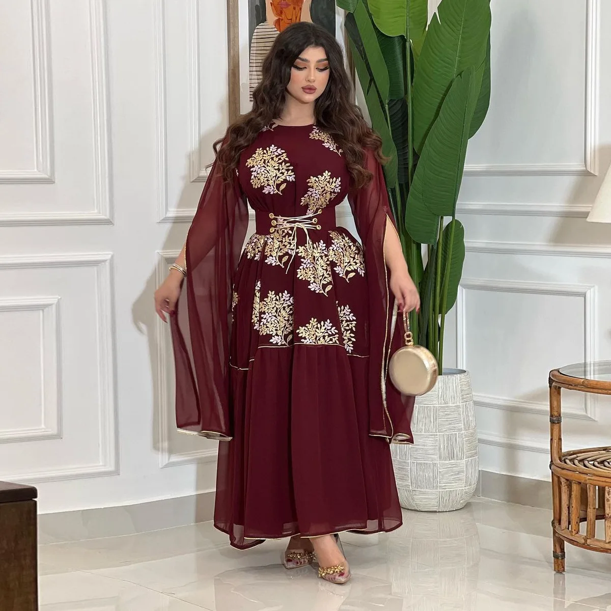 Kaftan Timur Tengah wanita gaun Arab mewah Muslim Mesh lengan besar bordir Dubai Abaya Islam jubah pesta Ramadan pakaian