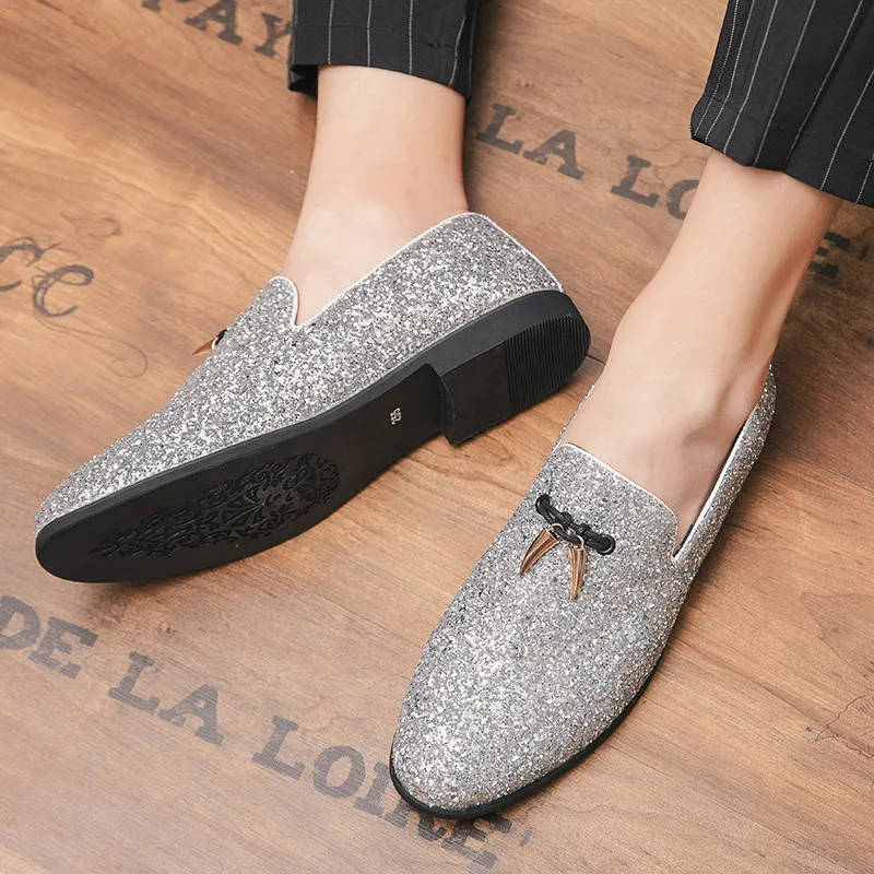 Italian Luxury Glitter Loafers Shoes Mens Silver Sequin Shoes Plus Size 46 Dress Weddings Shoes For Men  Pointed Toe Formal Shoe