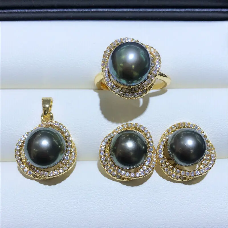 

Gorgeous AAAA 9-10mm South China Sea Black Studded Pearl Pendant, Earrings, and Ring Set 925s