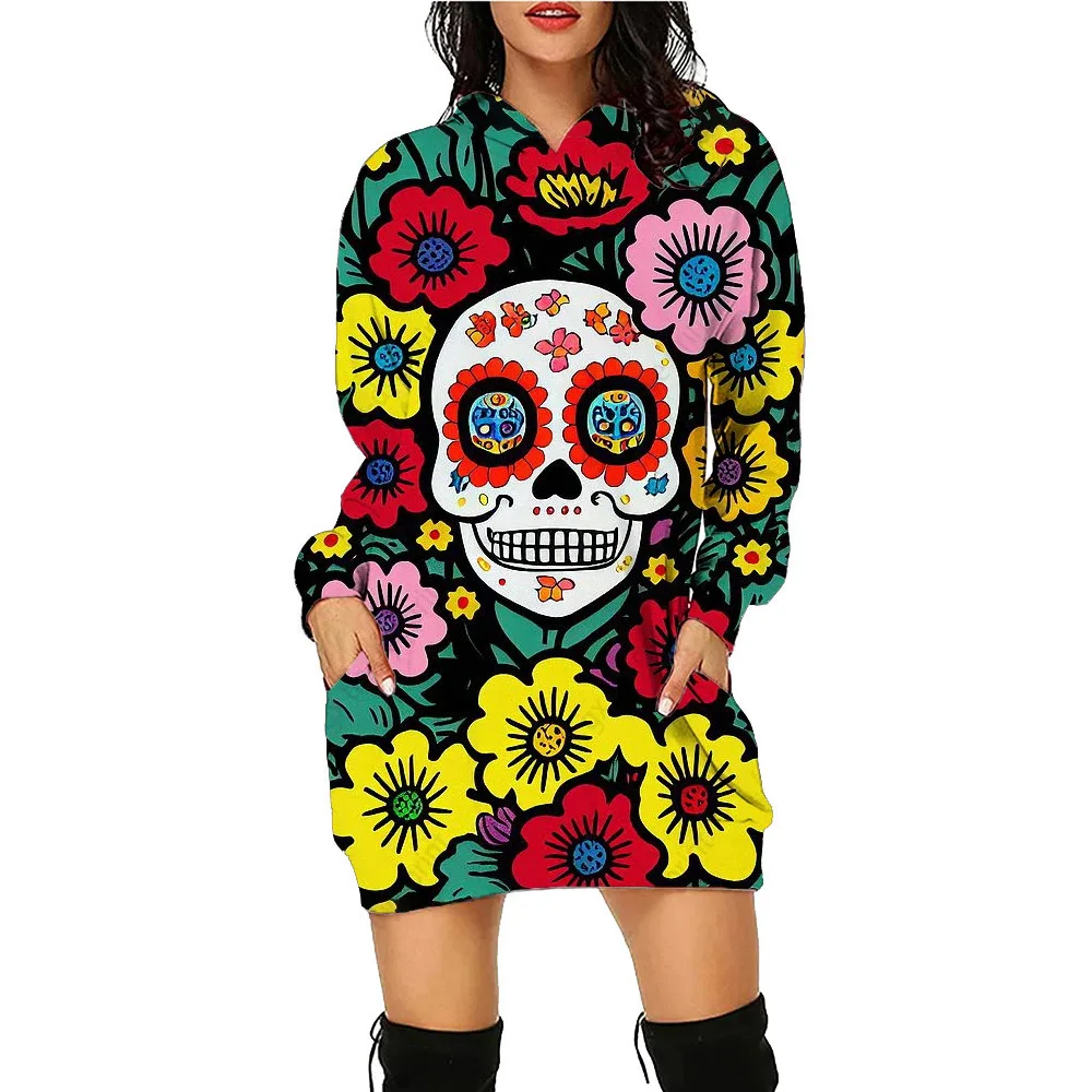 Halloween Skull Printed Hoodie Dress Floral Women's Daily Workout Hoodies Long Sleeve Pullover Autumn Winter Loose Tee Vestidos