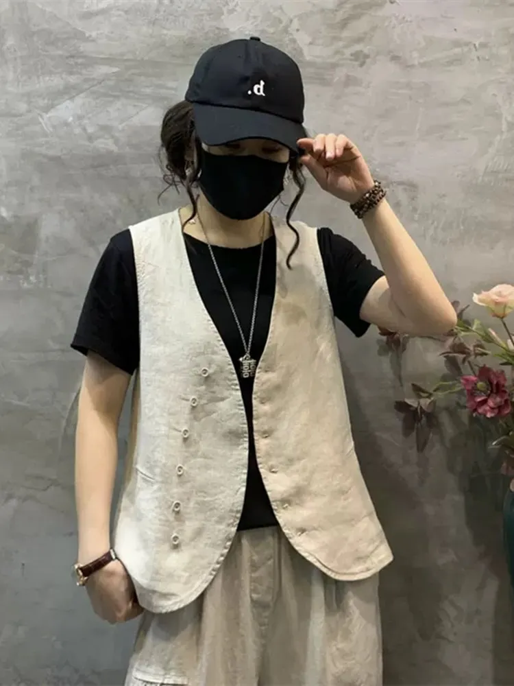 レディース スヴェル リネン ベスト サマー トップ ヴィンテージ アーティスティック オープン カーディガン アウター ジャケット レギュラー丈 通勤 スレ ピュアカラー