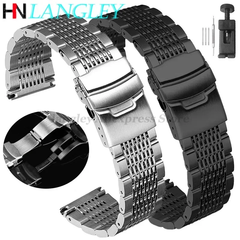 Tali Jam Tangan Baja Tahan Karat Jaring Padat untuk Jam Tangan Menyelam Seiko Gelang Pria 18Mm 20Mm 22Mm 24Mm Gesper Penerapan Disikat/Dipoles