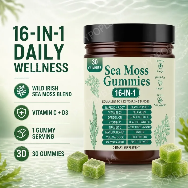 Irish Sea Moss Gummies 1500mg Equivalent 16 in 1 Botanical Blend,Support Digestion&Mood,Antioxidant Protection,Apple Flavor,30Ct