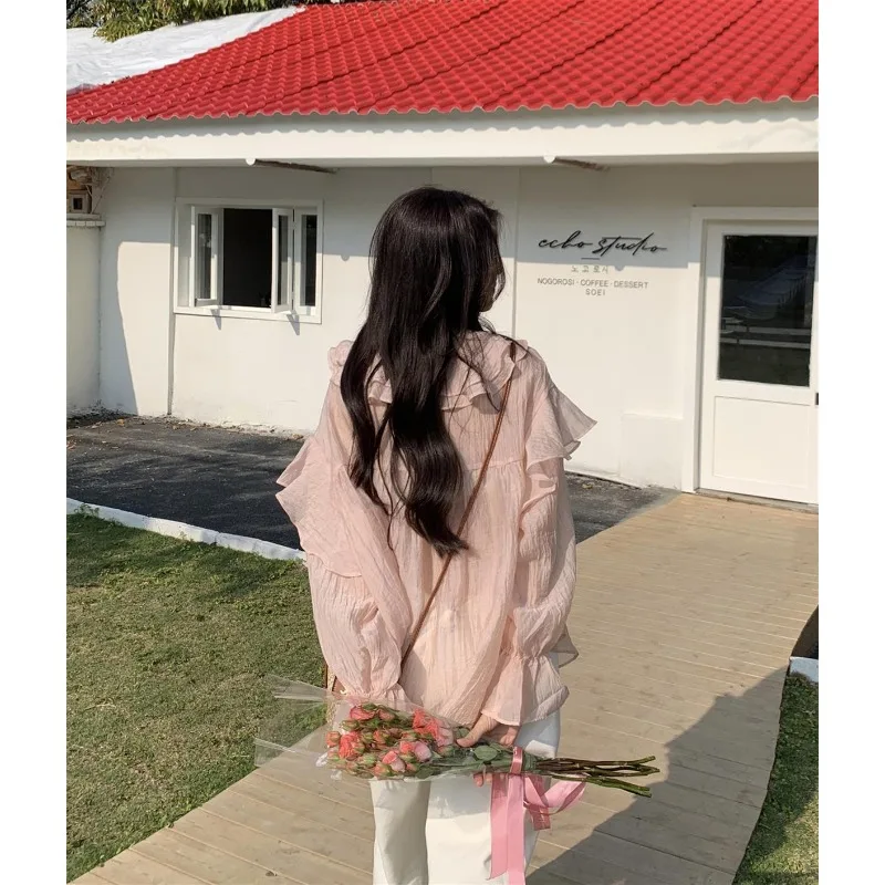 Gentle Wind V-neck Ruffle Leaf Edge Shirt Women's Spring Wear New Korean Version Loose and Thin Long-sleeved Shirt Beautiful Top