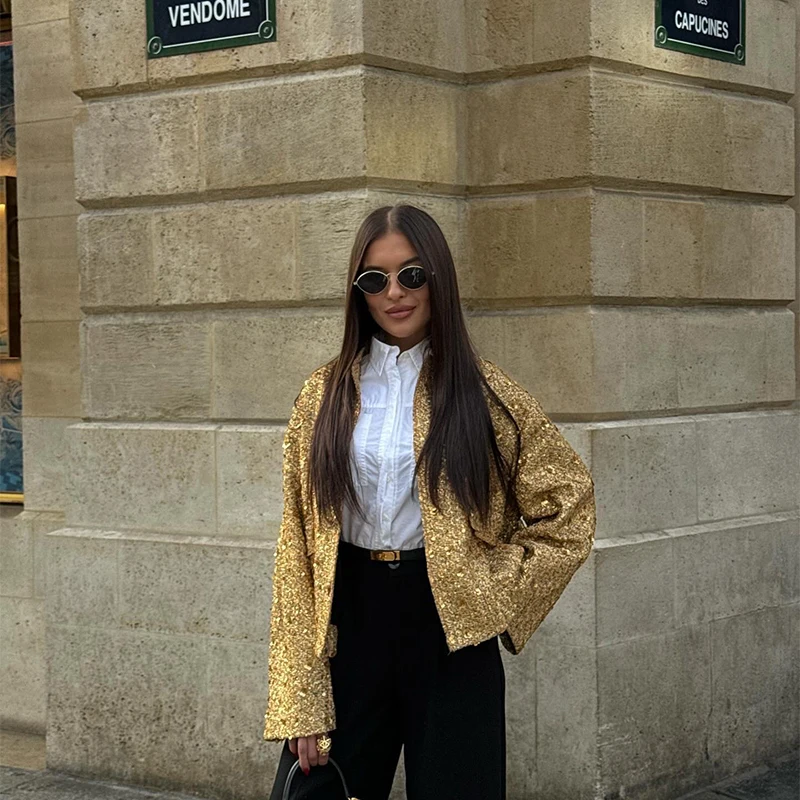 2024 Spring Long Sleeve Pockets Glitter Coat Female Oversize CropTop Aonibeier Sparkling Sequins Women Loose Bomber Jacket Traf