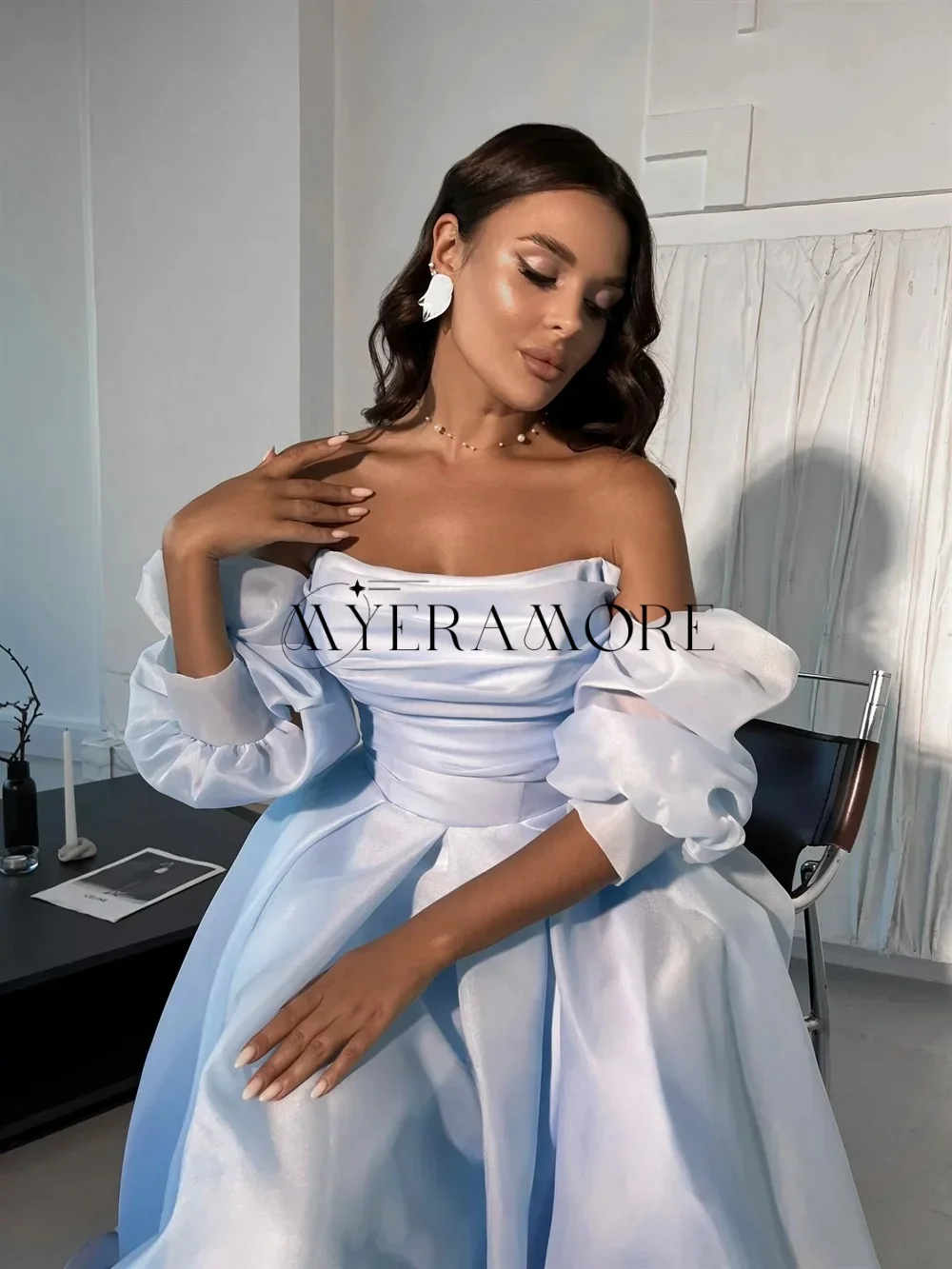 Vestidos de Noche azules simples con hombros descubiertos, vestidos de fiesta con abertura lateral y media manga acampanados, personalizados