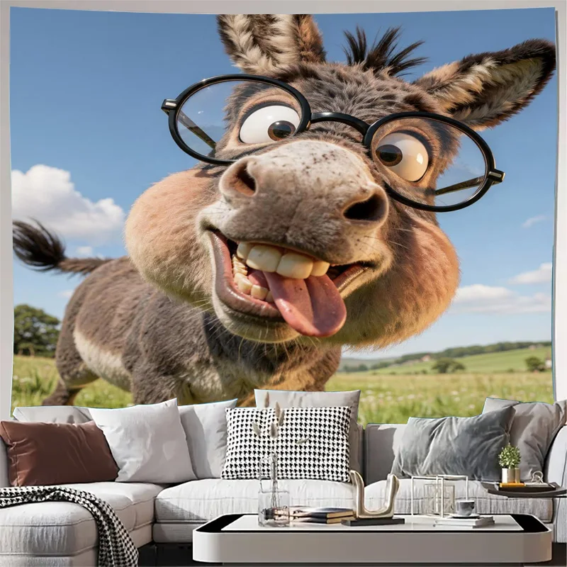 Whimsical Donkey Animal Tapestry Wall Hanging Funny Cartoon Ass Mural Canvas Art for Farmhouse Rustic Home Decor Living Room Bed