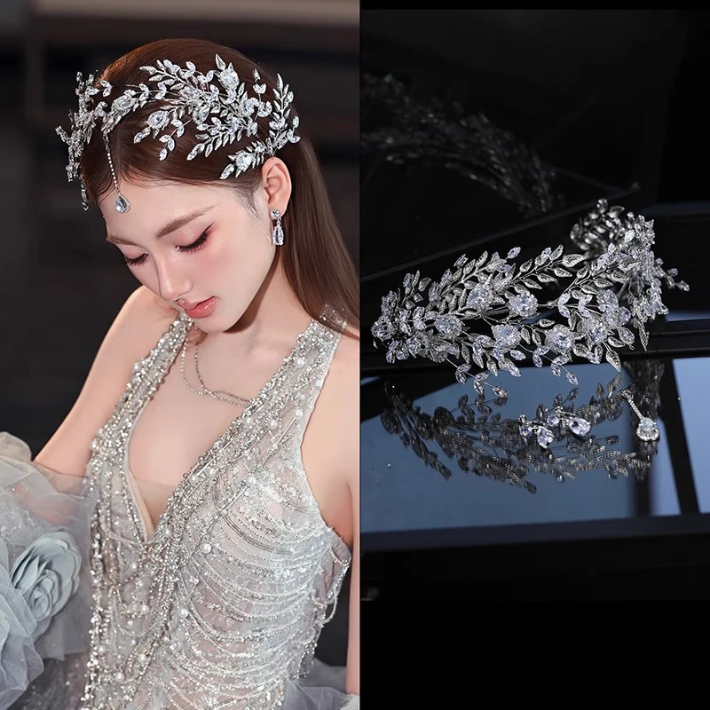 Bridal Crown Super Sparkling Rhinestones Zircon Design with Detachable Forehead Chain Elegant Princess Wedding Dress Accessory
