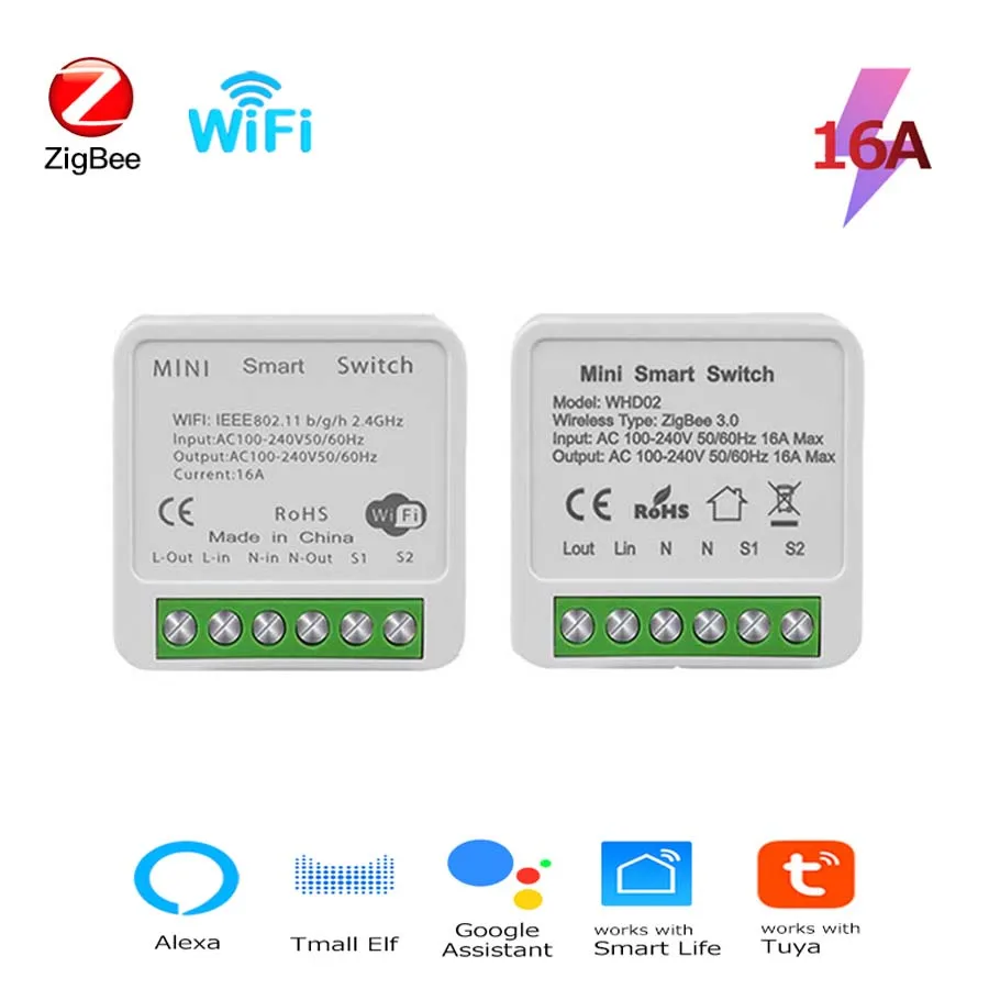 

Tuya ZigBee WiFi Smart Switch 16A Mini Breaker Relay 2 Way Control Smart Life Works with Alexa Google Home Voice Control