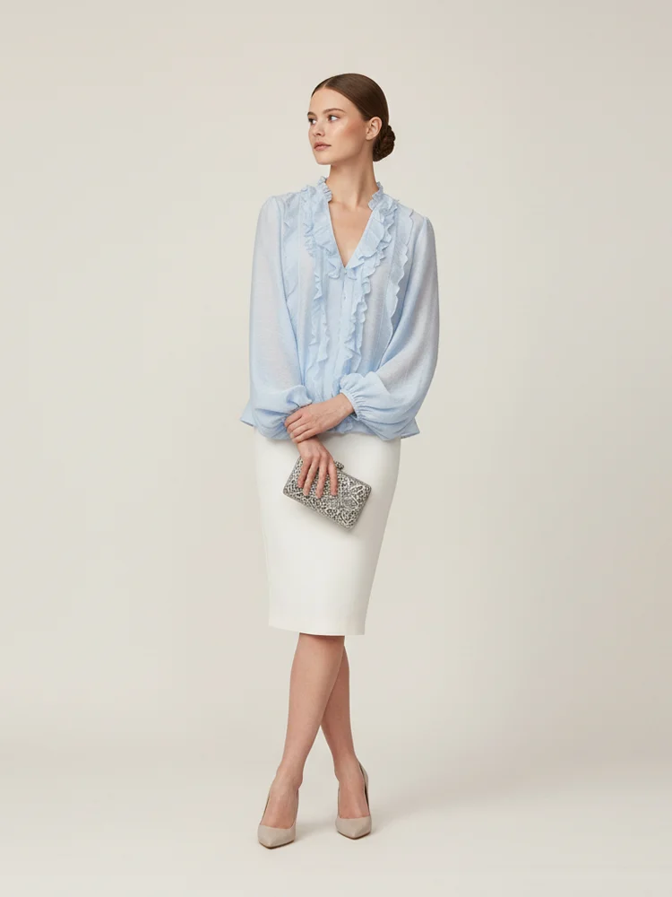 

Elegant Ruffled V-neck Shirt Solid Women Casual Lantern Sleeve Short looseThin Shirts 2026 New Spring Lady Daily Commute Top